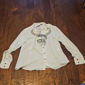 White House Black Market  White Blouse with Black Embroidery Edge